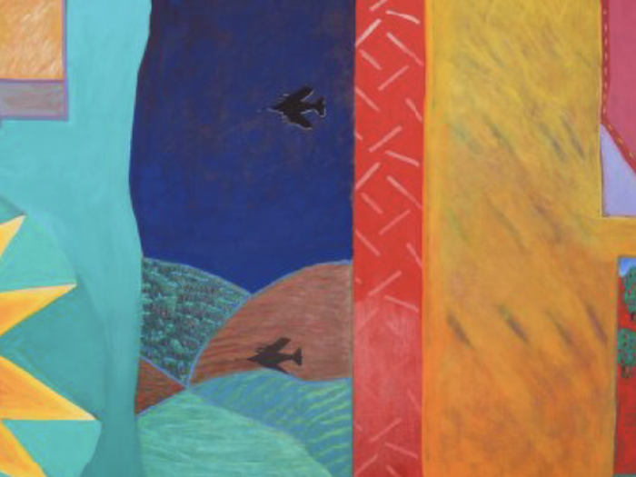 painting of plane flying over hills